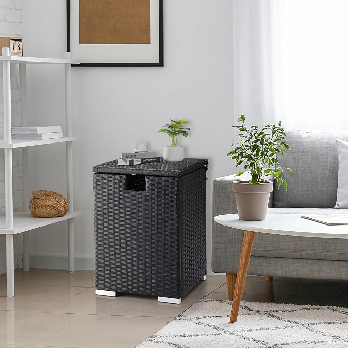 22.4in Outdoor Rattan Side Tables,Iron Frame Gas Bottle Storage Bin,Waterproof Patio Coffee Side Tables,All-Weather PE Wicker End Table,with Lid,for Garden Porch Poolside Deck Backyard (Black)