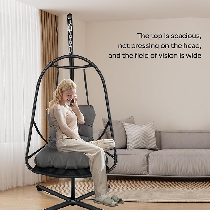 JESE Swing Egg Chair Foldable Frame Hanging Chairs, UV Resistant Waterproof Cushion and Cup Holder,Swing Hammock Chairs for Patio,Bedroom,Balcony, Garden-350lbs, Stand Included, Brown