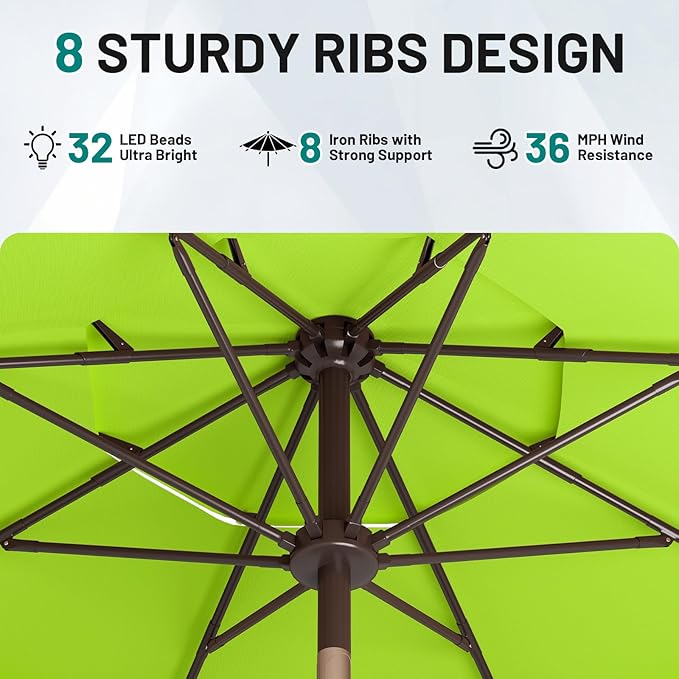 AreShark 9ft 3 Tiers Patio Umbrella with Solar Lights, Outdoor Umbrella w/ 32 LED Lights&8 Sturdy Ribs, Table Umbrella for Deck, Backyard, Pool (Apple Green)