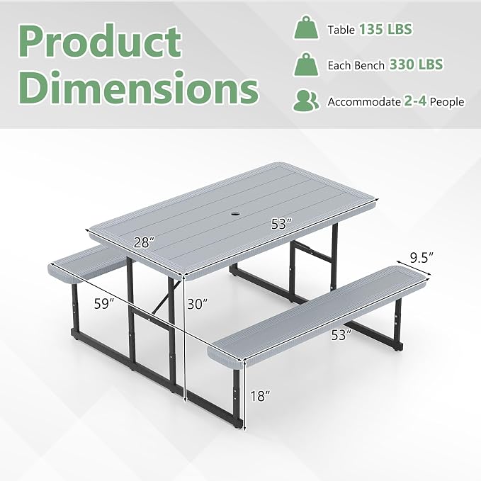 Picnic Table Set for 2-4 People, Umbrella Hole, Heavy-Duty Metal Frame & 2 Benches, HDPE Rectangular Outdoor Dinning Table & Benches for Outside, Patio, Garden, Backyard, Porch (Gray)