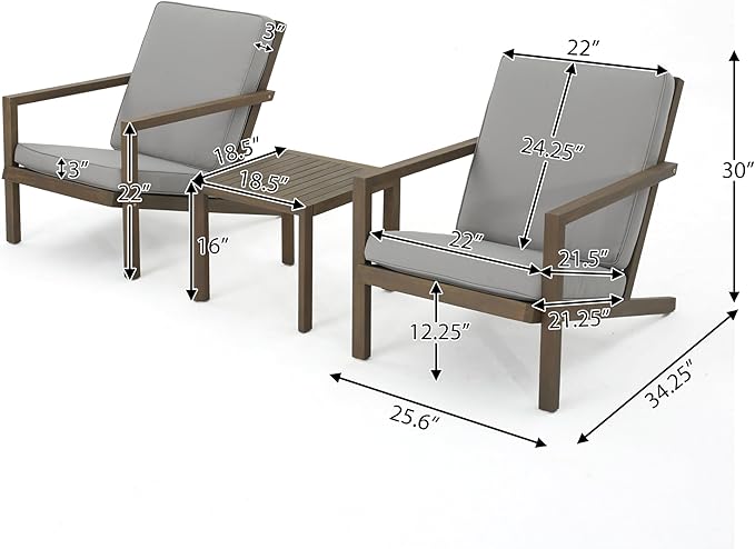 Christopher Knight Home Leah Outdoor Acacia Wood Chat Set with Water Resistant Cushions, 3-Pcs Set, Grey Finish / Grey