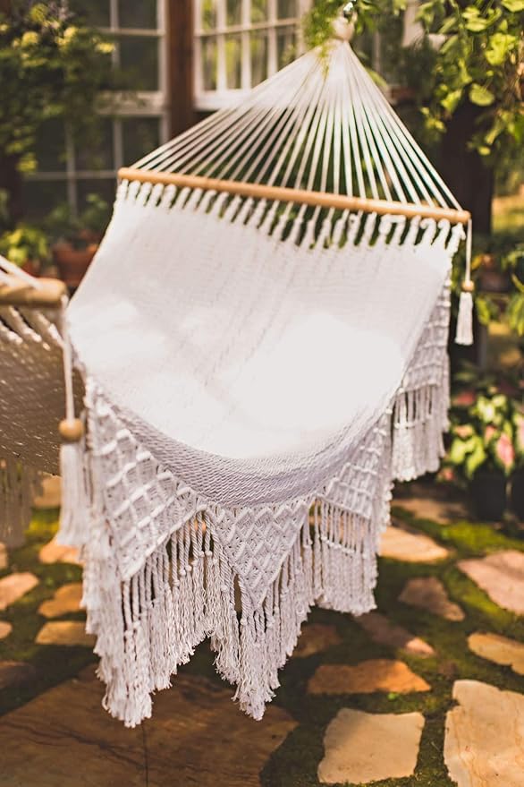 Handwoven Nicaraguan Cotton Rope Hammock with Wooden Spreader Bars with Tropical Decorative Trim