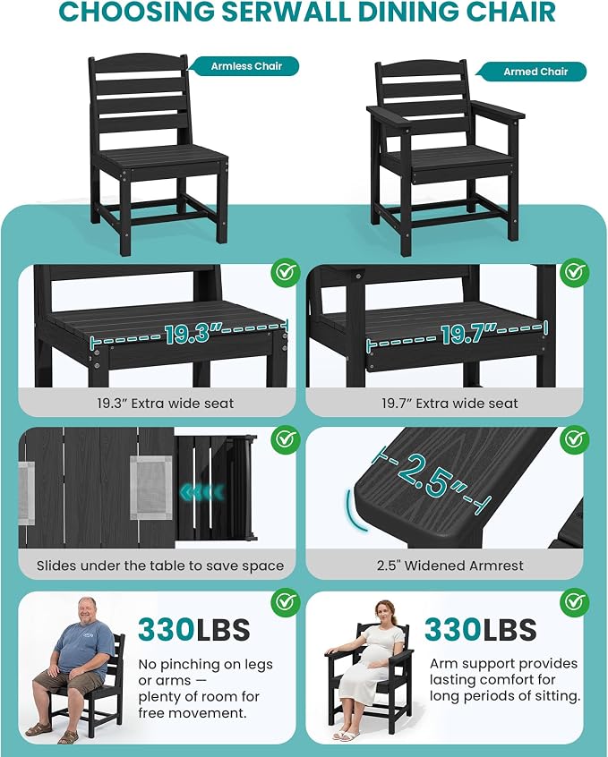 SERWALL HDPE Outdoor Dining Set for 10 with 2 Tables & 10 Chairs, Black | 12-Piece HDPE Outdoor Dining Set for 10, All-Weather Resistant Dining Furniture