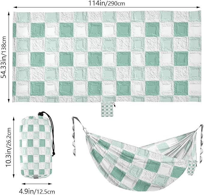 Oil on Canvas Green and White Checkered Pattern 330lb Capacity Hammocks with Tree Straps Backyard Hammock for Patio Backyard Lounge Base hamacas para adultos