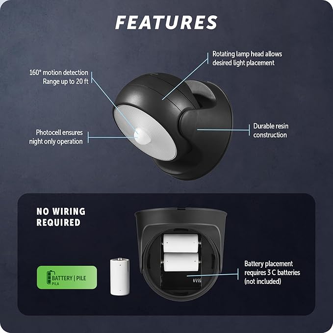 GLOBE Electric 17000183 160-Degree 3W Black 250 Lumens Battery Operated Outdoor Integrated LED Orb Light Security Light, Rotating Lamp Head, Outside House Lights