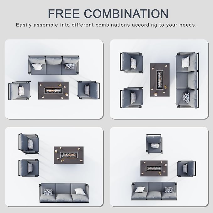4 Pieces Patio Furniture Set, Metal Outdoor Conversation Sets with Fire Pit Table for Backyard Garden Deck Porch Poolside (Thick Gray Cushions)