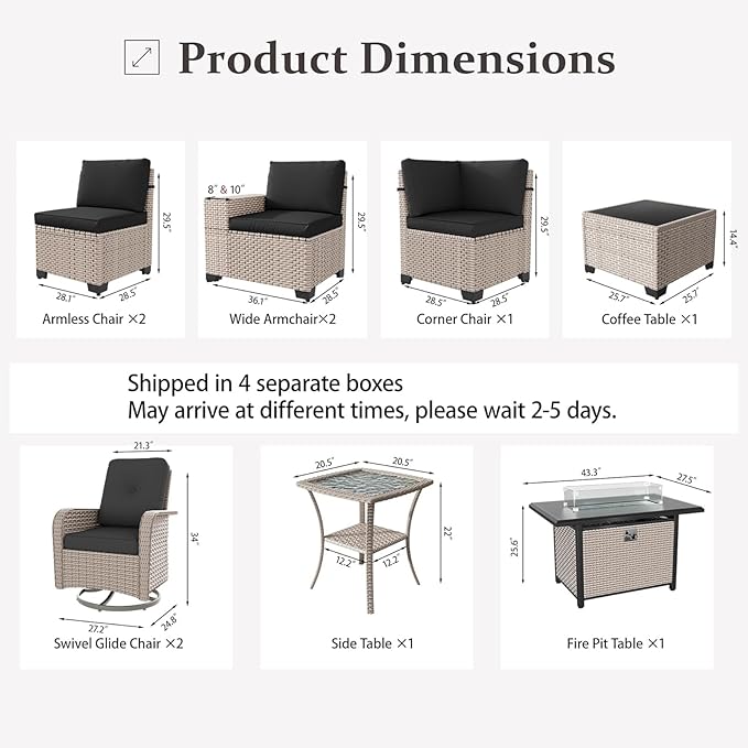 10 Pieces Patio Furniture Set with Fire Pit Table, Outdoor Sectional Wicker Sofa with Thick Cushions, High Back Swivel Rocker Patio Chairs, Rattan Conversation Set with Coffee Table, Black