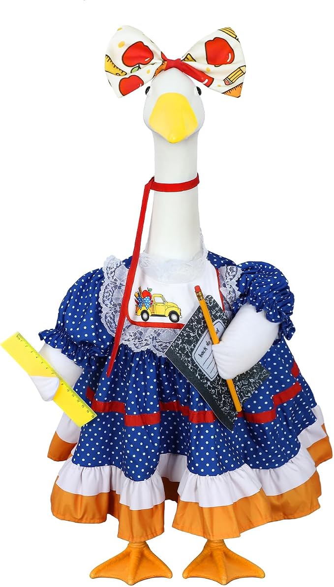 Back to School Porch Goose Outfit for 23" Plastic/Cement Porch Goose Statue | School-inspired Retro Polka Dot Dress with Pencil, Notebook, Ruler, Ideal for School Outdoor Garden, Yard, Patio, Porch Decor