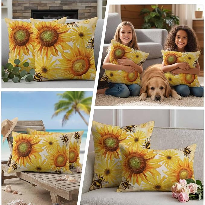 Outdoor Throw Pillow Covers,Farmhouse Sunflower Bee on Linen Waterproof Decorative Pillowcases Cushion Cover Retro Pastoral Yellow Flower Pillow Cases for Patio Couch Sofa Bed,18x18in Set of 2