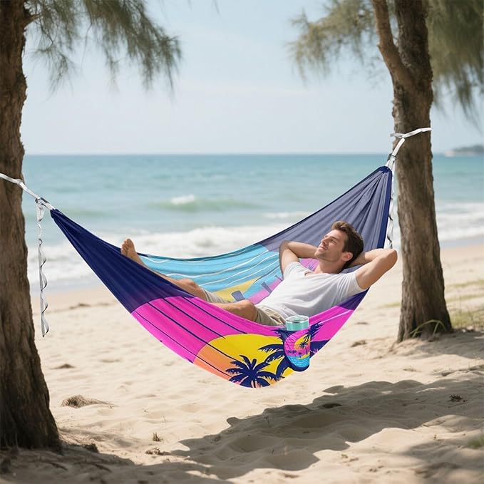 Summer Neon Coconut Tree Sunset Beach 330lb Capacity Outdoor Hammock with Portabl Carry Bag Swing Hammock for Indoor Outdoor Patio Base para poner hamaca