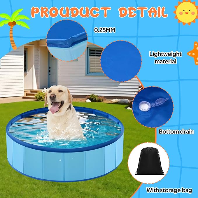 Chunful Foldable Dog Pool with Storage Bag, 24 x 8 Pet Swimming Pool Hard Plastic Portable Bath Tub for Dogs, Cats, Backyard, Beach, and Summer Play, Indoor & Outdoor Use (Blue)