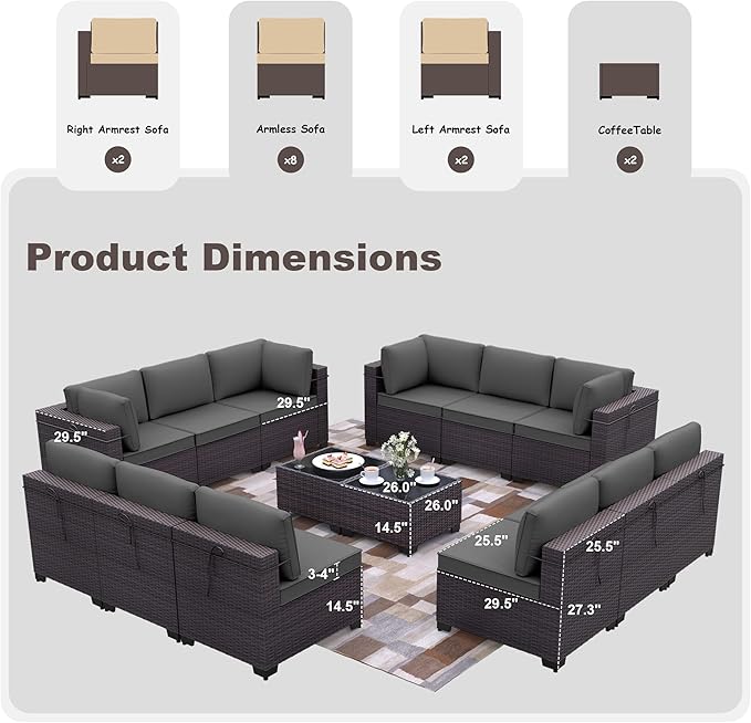 Patio Furniture Set 14-Piece Outdoor Furniture for Backyard Wicker Sectional Sofa Set, PE Rattan Patio Conversation Set 12 Seat with 4 Inch Thickened Cushions and Glass Coffee Tables, Grey