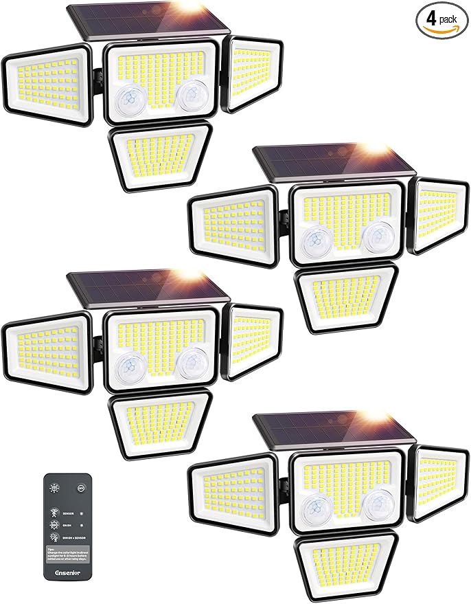 Ensenior Solar Lights Outdoor, Motion Sensor Outdoor Light with Remote Control, IP65 Waterproof 279 LED 4 Heads Solar Security Light with 4 Mode, 270° Wide Angle Solar Flood Light for outdoor, 4 Packs
