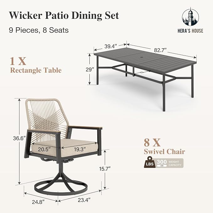 HERA'S HOUSE 9pc Patio Dining Set, 83" Metal Table & Swivel Rattan Chairs | Rectangle table with umbrella hole, 8 cushioned chairs. Waterproof, rust-resistant, all-weather for backyard, porch.