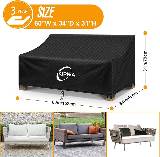 Kipiea Patio Sofa Cover, Heavy Duty Outdoor Couch Covers Waterproof Winter, 2-Seat Patio Furniture Cover Loveseat, Outdoor Sofa Covers with Anti UV and No Tears, No Fading (60"W x 34"D x 31"H)
