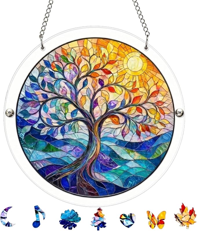 Acrylic Jigsaw Puzzle Suncatcher - Vivid Tree Acrylic Puzzle Window Hanging Kit, 83 Irregular Pieces & Hanging Chain - Creative DIY Home Indoor & Garden Decor (7.4 Inch)