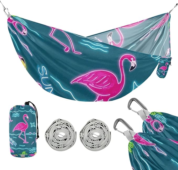 Summer Neon Flamingo Coconut Tree Blue 330lb Capacity Camping Hammock Indoor Hammock for Patio Backyard Lounge Base accesorios para campamento