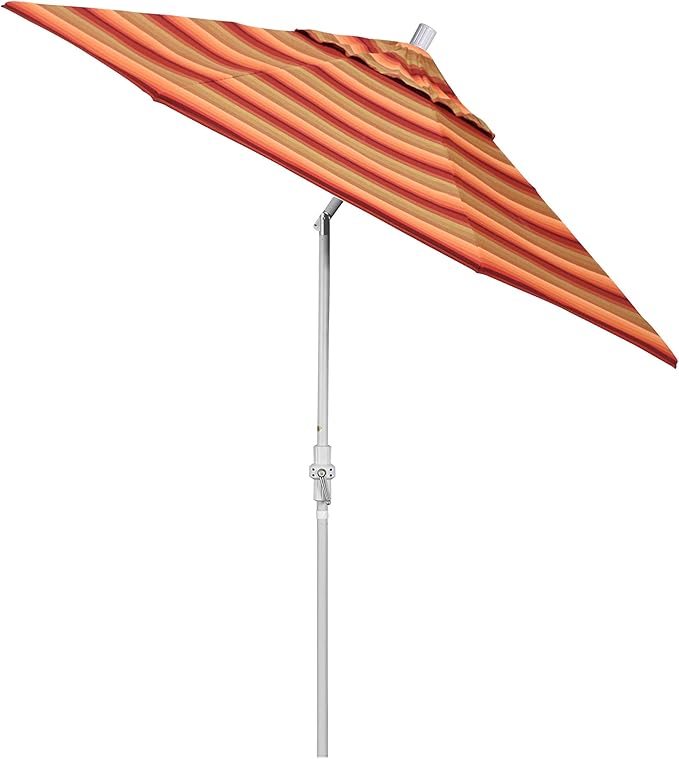California Umbrella 9' Round Crank Lift, Collar Tilt, Aluminum Pole, Fiberglass Rib Patio Umbrella, White Finish, Sunbrella Astorai Sunset