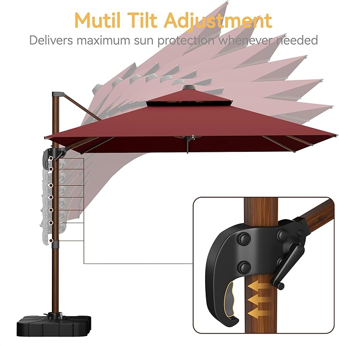 10x13 FT Wood Pattern Patio Umbrella with Base, Large Deluxe Cantilever Rectangular Double Top Heavy Duty Offset Umbrellas with 360° Rotation, Outdoor shade for Garden Pool Patio, Red