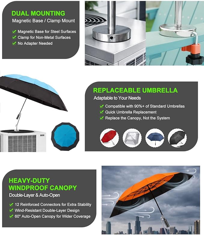 Magnetic Umbrella with Base Kit, Folding HVAC Umbrella with Magnetic Base & Clamp, Stay Cool and Dry for Rooftop & Construction