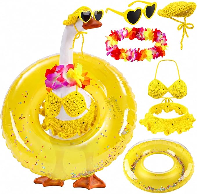 Summer Knitted Bikini Goose Outfit Hawaiian Beach Porch Goose Clothes Swimsuit with Wide Hat Sunglass Swim Ring for 17-23 Inch Cement Geese Statue Costume Outdoor Patio Lawn Garden Yard Decor