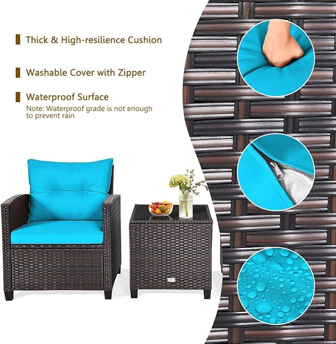 HAPPYGRILL 3 Pieces Patio Conversation Set, Outdoor Furniture Set PE Rattan Sofa Set with Removable Cushions, PE Wicker Chairs with Tempered Glass Side Table for Porch Lawn Garden Balcony Backyard