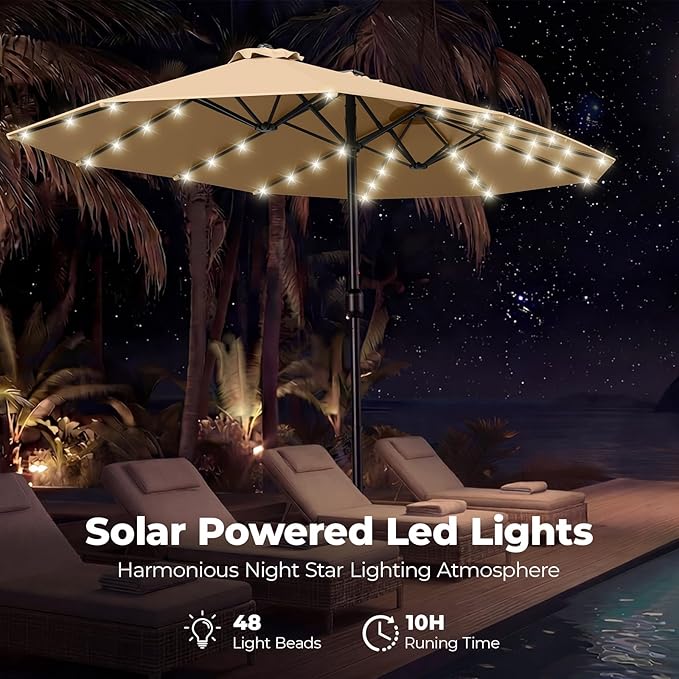 HOMSHADE Double Sided Patio Umbrellas - 15ft Solar Lights LED Lighted Outdoor Extra Large Market Table Umbrella with Base Included, Oversized Umbrella for Deck, Pool, Backyard (Beige)