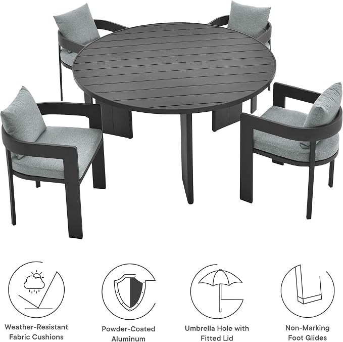 Modway Tahoe Outdoor Patio Powder-Coated Aluminum 5-Piece Dining Set in Gray Gray - Round Patio Furniture Set for 4 - Outside Table with Umbrella Hole and Cushioned Chairs - Modern Patio Set