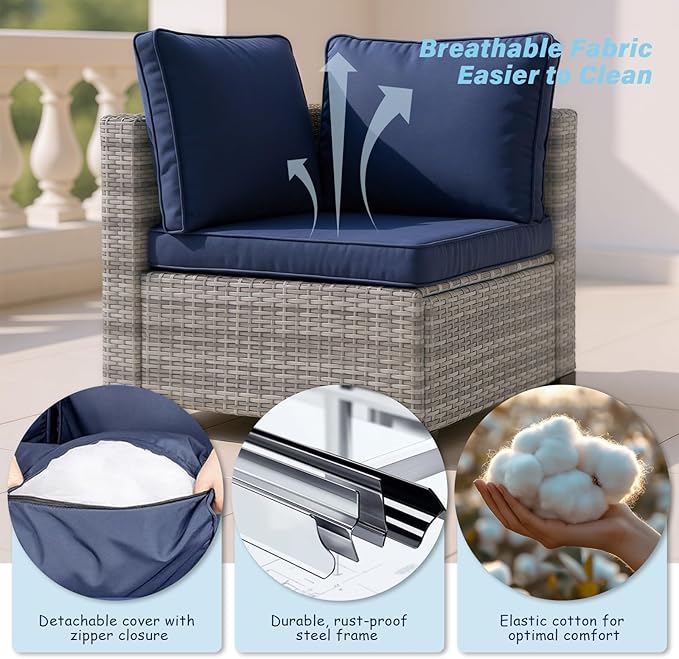 Outdoor Patio Furniture 7-Piece Set, Grey Rattan 6-Seater Conversation Set with Navy Blue Cushions, Includes Coffee Table for Garden, Pool, Balcony, Backyard | Waterproof Fabric & Weatherproof Wicker