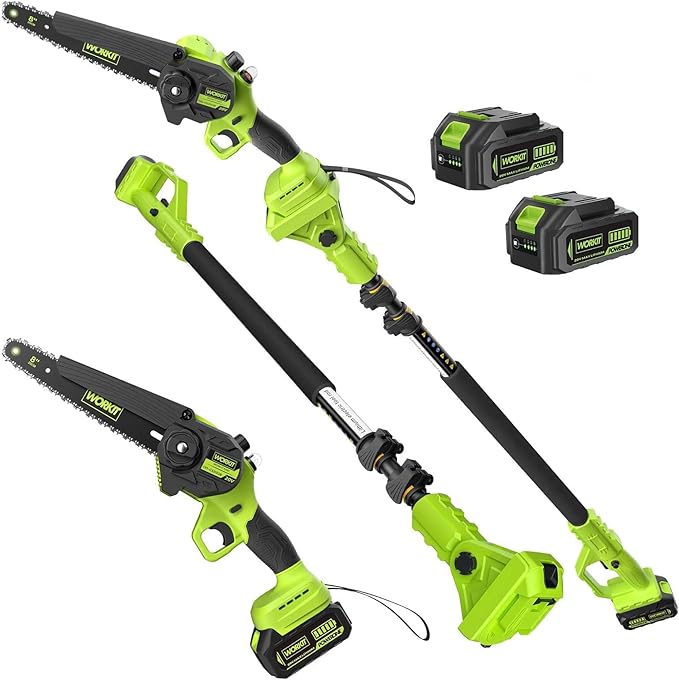 WORKIT 2-In-1 Electric Pole Saws for Tree Trimming, 8 Inch Mini Chainsaw Cordless with 2×4.0Ah Batteries, 14Ft Tree Trimmer Pole Saw, Electric Chainsaw with Auto Oiler, Tool-Free Tension