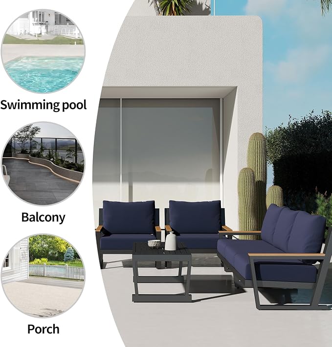 Aug-guan Aluminum Outdoor Sofa,5 Seats Modern Patio Furniture Set,Sectional Sofa Conversation Set with Coffee Table, Upgraded Washable Cushions for Garden Backyard,Blue