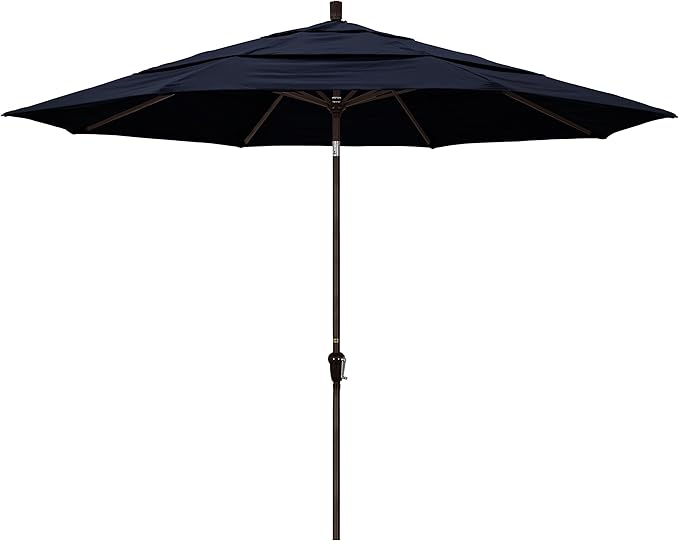 California Umbrella 11' Round Aluminum Market Umbrella, Crank Lift, Auto Tilt, Bronze Pole, Pacifica Navy Blue