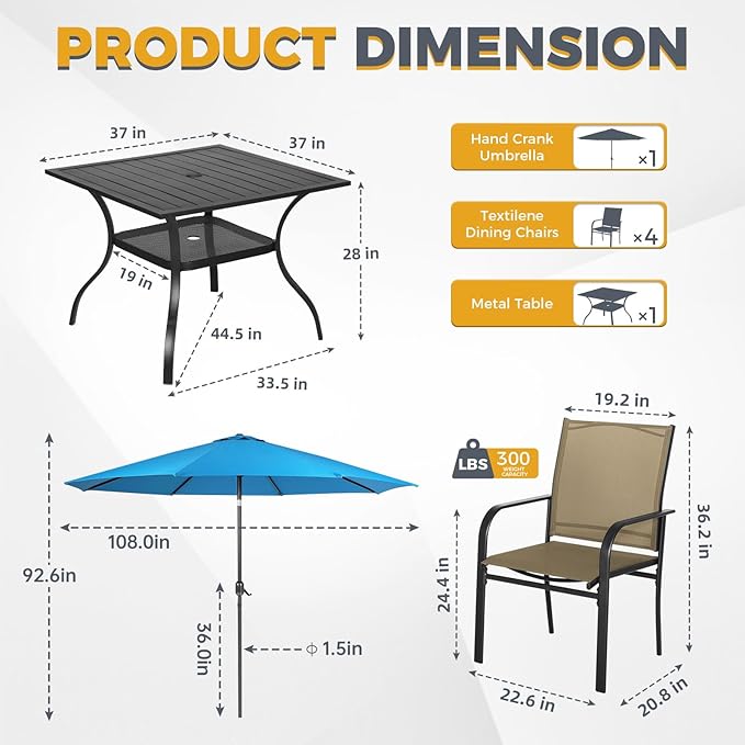 Incbruce 6 Pieces Patio Dining Set with Sky Blue Umbrella, Outdoor Dining Set of 4 Textilene Chairs and Square Table with Umbrella Hole for Backyard, Garden, and Poolside (Brown)