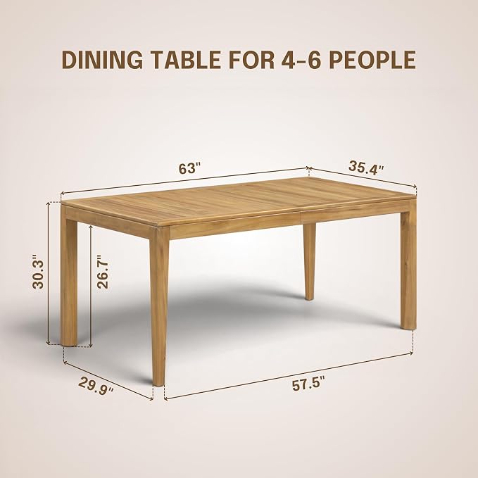 NTC Noma 63 Inch Solid Wood Dining Table and 6 Luno Chairs, Weather Resistant Patio Table for Patio Dining Sets, Backyard, Deck & Dining Room, Easy Assembly, Natural