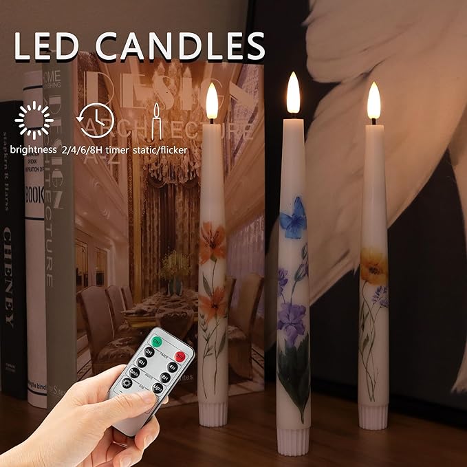 Spring Flameless Taper Candles with Flowers, 9.6" Real Wax LED Candles with Remote, 3 Pack Flickering Candlesticks Battery Operated, Fake Candle for Home, Wedding, Party Decor