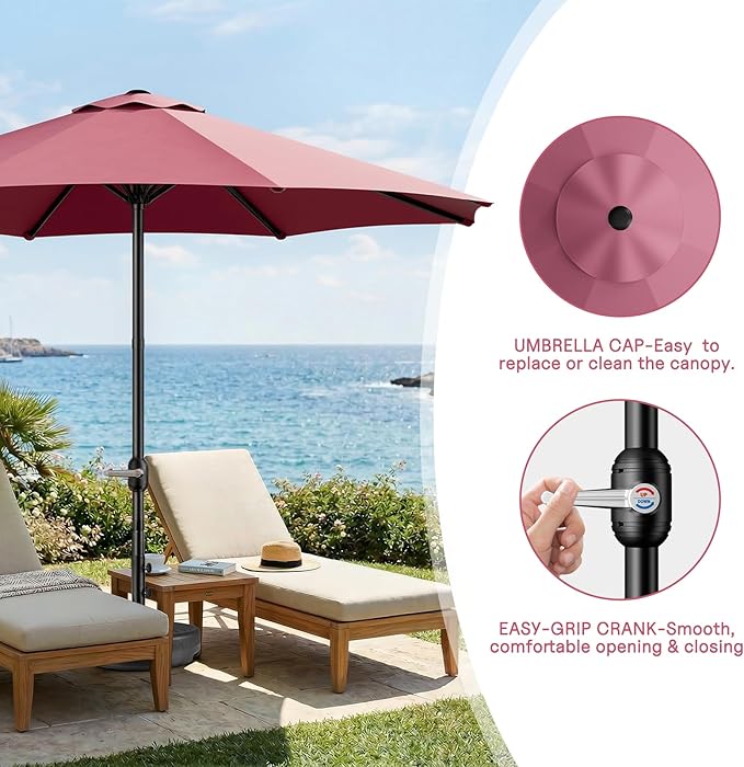 LEVELEVE 9FT Outdoor Patio Umbrella with Easy Crank - UV Resistant & Waterproof Market Umbrella with Ventilated Canopy, 8 Sturdy Ribs & Powder-Coated Frame for Garden, Deck, Backyard, Pool, Patio Table