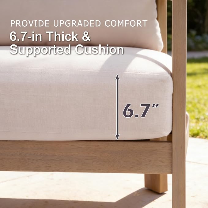 SUNSITT 4-Piece Outdoor Patio Furniture Set, Acacia Wood Conversation Set w/ 6.7" Thick Cushions, Curved Backrest Design, Modern Outdoor Set w/ 3-Seater Couch, Natural Color and Beige Cushions
