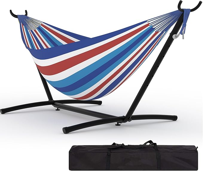 Double Hammocks with Stand for Outside, Portable Space Saving Heavy-Duty Steel Stand for Indoor Outdoor Patio with Carrying Bag, 450 lbs Capacity