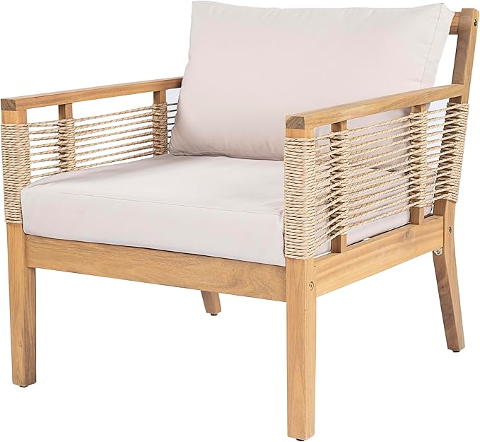 5-Piece Patio Conversation Set, All Weather Sectional Sofa Set w/ 3 Seater Sofa, 2 Chairs and 2 Coffee Tables, Acacia Wood Outdoor Furniture Set with Woven Rope Accents and Cushions