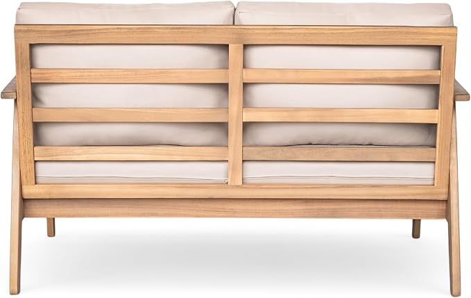 Christopher Knight Home Lorna 4-Seater Patio Furniture Set with Removable Cushion, 4 Piece Outdoor Acacia Wood Conversation Set, Sold Wood Outdoor Sectional Sofa Set with Coffee Table, Teak+Beige