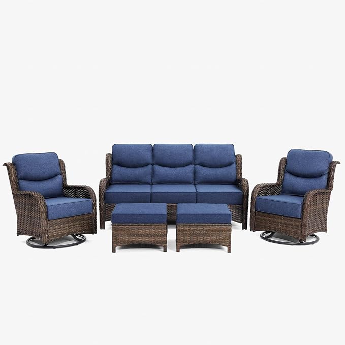 HILLGA Luxury High Back Patio Furniture Set with 6-Inch Thick Cushion, 5-Piece Outdoor Conversation Set with Sofa, Swivel Rocker Chairs & Ottomans, Ideal for Porch Pool Deck Yard (Blue)