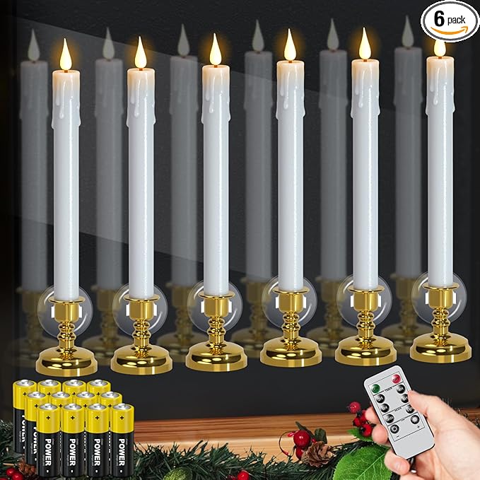 DRomance Christmas Flameless Window Taper Candles Battery Operated with Remote and Timer, 6 Pack White Plastic Dripping LED Flickering Candles with Suction Cups Holiday Indoor Decor(Gold Holders)