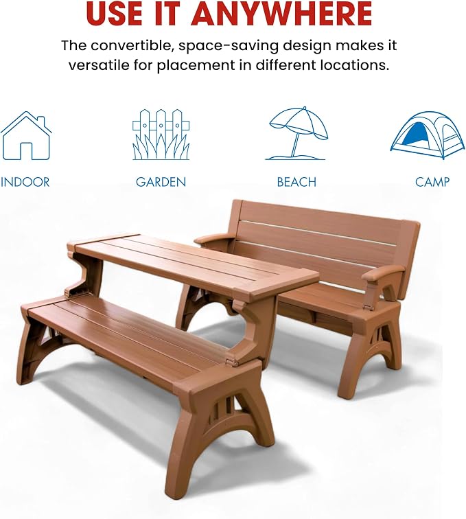 Convert-a-Bench 2-in-1 Outdoor Bench & Picnic Table - Foldable, Weather-Resistant Seating - Perfect for Patio, Lawn, Garden, or Deck - Durable & Easy Assembly - 1 Bench/Order, Sierra Timber