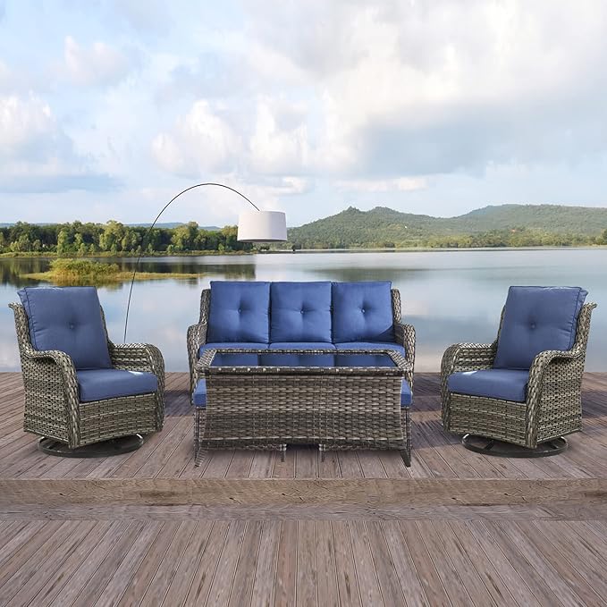 Rilyson Wicker Patio Furniture Set - 6 PC Rattan Outdoor Sectional Conversation Sets with 2 Swivel Rocking Chairs,2 Ottomans,1 Sofa and 1 Coffee Table for Porch Deck(Mixed Grey/Blue)