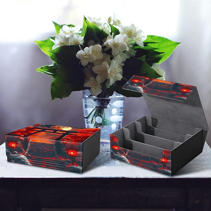 Card Deck Box for MTG, Cards Storage Box Fits 120+ Sleeved, Leather Big Size Strong Magnetic Closing Case for Board Games Magic TCG CCG Baseball Collection Women Man, Red Maple Leaf Moon