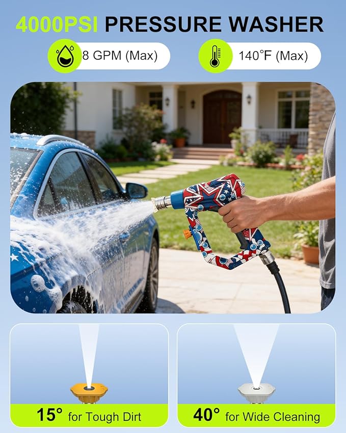 Pressure Washer Gun 4000PSI, Short Power Washer Gun with M22-14/15mm Fittings & 2 Spray Nozzles for Car, Patio, House & Yard Cleaning