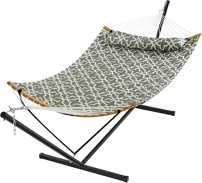 SUPERJARE Hammock with Stand, 2 Person Heavy Duty Hammock with Padded Cotton, Detachable Pillow & Strong Curved-Bar & Portable Carrying Bag, Perfect for Outdoor & Indoor, Grey with White Flower