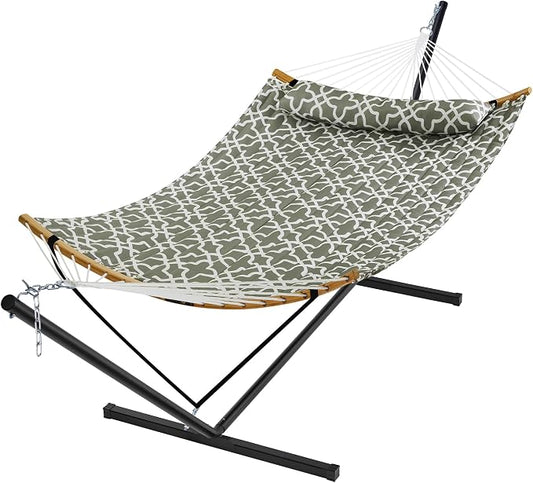 SUPERJARE Hammock with Stand, 2 Person Heavy Duty Hammock with Padded Cotton, Detachable Pillow & Strong Curved-Bar & Portable Carrying Bag, Perfect for Outdoor & Indoor, Grey with White Flower