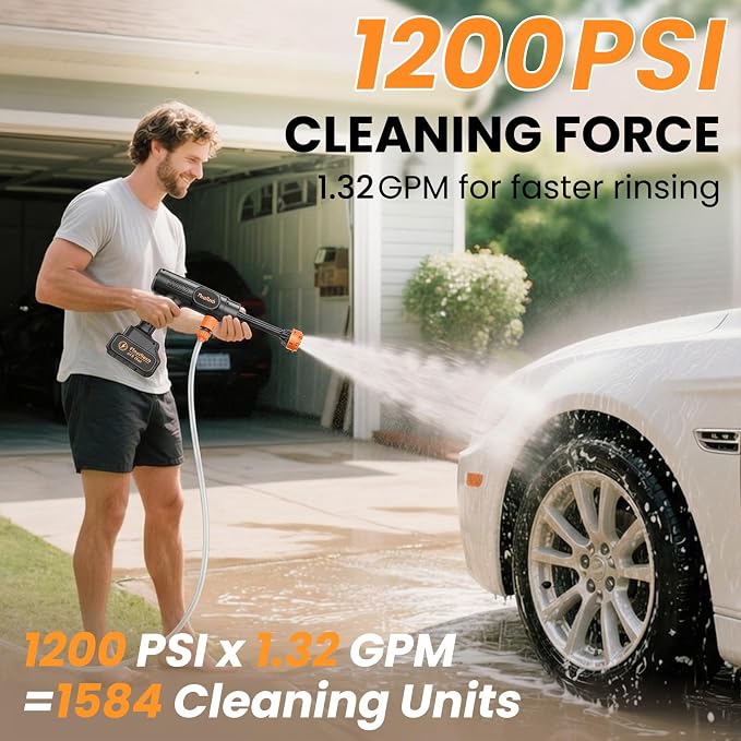 Cordless Pressure Washer, 1200 PSI Battery Powered Pressure Washer with 6-in-1 Nozzle, Portable Handheld Power Washer Cleaning Tool for Car Wash, Garden, Patio, Home