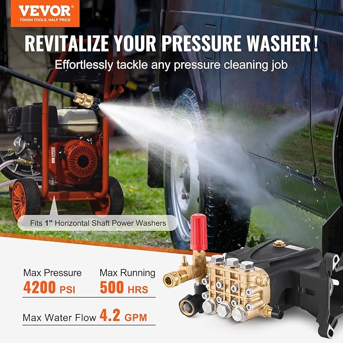 VEVOR Pressure Washer Pump, 1" Shaft Horizontal Triplex Plunger, 4200 PSI, 4.2GPM, Replacement Power Washer Pumps Kit with 5 Nozzles, Compatible with Simpson MorFlex 40224, 40225, 40226, Santoprene